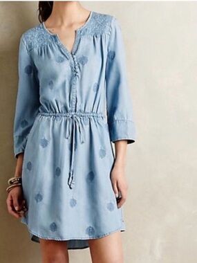 Holding Horses for Anthropologie dress is a light blue chambray mini dress